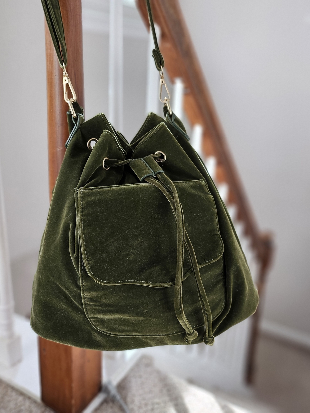 Olive Green Velvet Drawstring Shoulder Bag with Gold Hardware - Picture 2 of 9